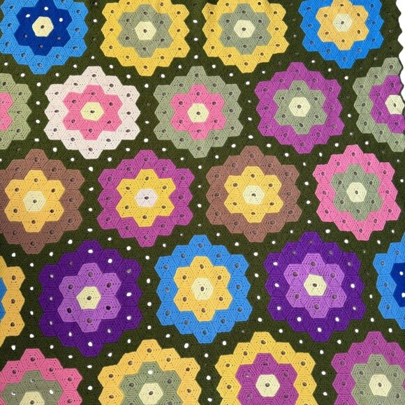 Handmade Crochet Multicolor Grandmother Flower Garden Quilt Throw Hexagon - Picture 2 of 5